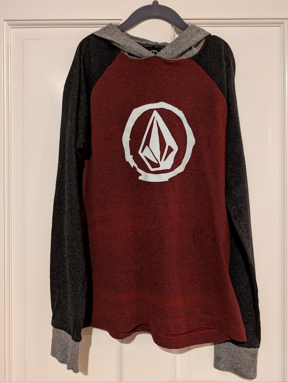 Boys Volcom Maroon & Charcoal Hooded Logo Raglan Pullover
